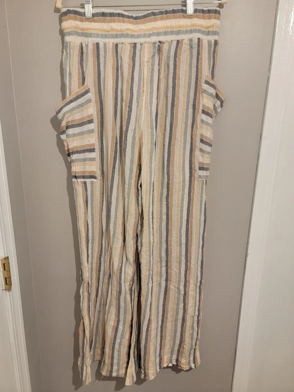 Free People “Jones Beach” Striped Wide-Leg 100% Cotton Pants - Beige & Blue Sz L